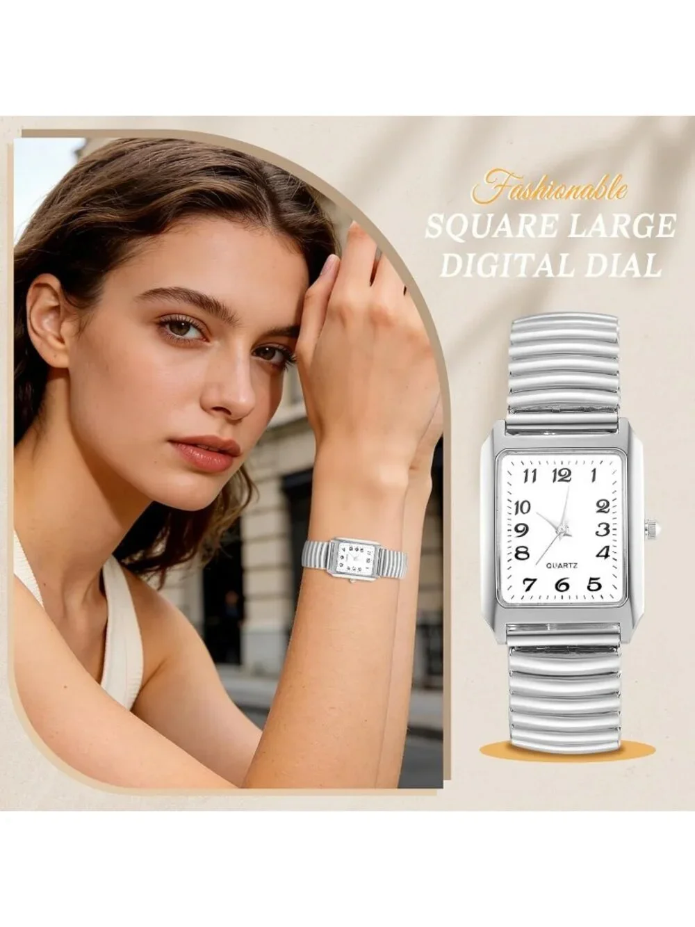 Women's Silver Analog Quartz White Dial Easy Reader Stretch Band Wrist Watch